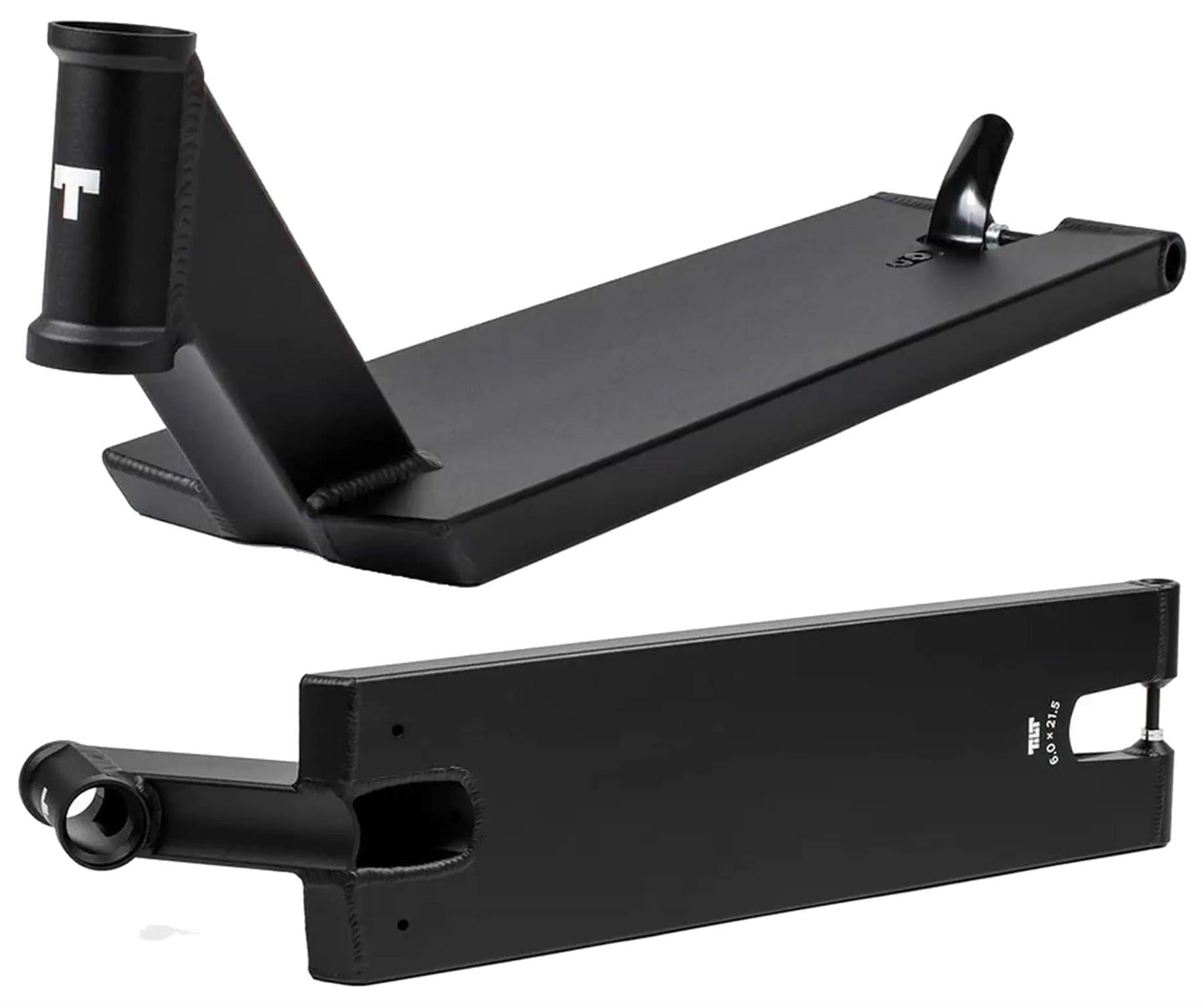 Two views of the Tilt Stage I Pro Black Stunt Scooter Deck by Tilt (6" x 21.5"): one shows the headtube from above, the other displays the flat underside, rear wheel slot, and adjustable flex fender. Made from anodized 6000 series aluminium.