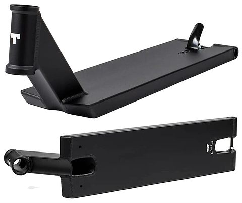 Two views of the Tilt Stage I Pro Black Stunt Scooter Deck by Tilt (6" x 21.5"): one shows the headtube from above, the other displays the flat underside, rear wheel slot, and adjustable flex fender. Made from anodized 6000 series aluminium.