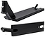 Two views of the Tilt Stage I Pro Black Stunt Scooter Deck by Tilt (6" x 21.5"): one shows the headtube from above, the other displays the flat underside, rear wheel slot, and adjustable flex fender. Made from anodized 6000 series aluminium.