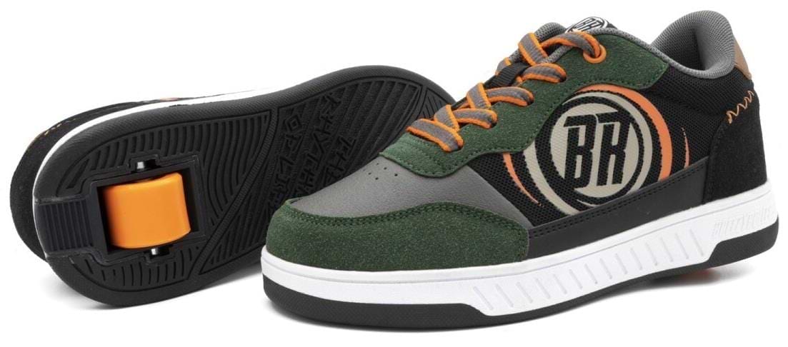 The Breezy Rollers Hero 2 Shoes - Black / Green feature orange laces, a bold "BR" logo, and a patented wheel system in the sole for Heelys-style rolling fun. Brand: Breezy Rollers.
