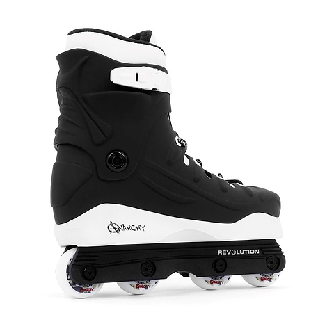 The Anarchy Revolution II Aggressive Inline Skates - Black offer high ankle support with a secure white buckle and a durable black wheel frame, featuring four wheels for top performance.