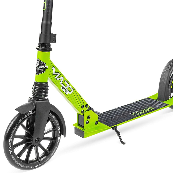 A close-up of the Madd Gear Metro Cruise 250 Foldable Commuter Scooter in Black/Lime shows its bright green frame, black wheels and handlebar, extended kickstand, "Madd Gear" branding on the frame, and textured foot deck.