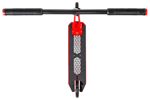 Top view of the CORE SL3 Complete Stunt Scooter by CORE in red and black, featuring a lightweight handlebar with textured grips and a deck with hexagonal grip pattern plus a single front wheel.