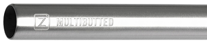 A close-up of the Ethic DTC Wolpertinger Aluminium IHC Stunt Scooter Bars (Raw Silver, 720mm x 580mm) shows "MULTIBUTTED" and a stylized "Z" logo engraved on the raw metallic surface.