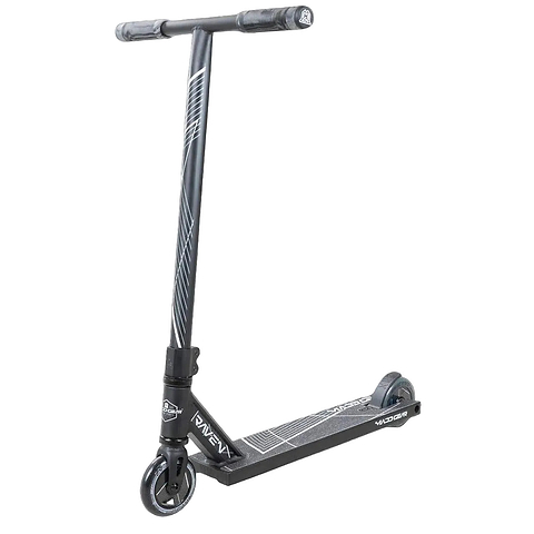 The Madd Gear MG 1 Raven Complete Stunt Scooter features a lightweight design with a straight handlebar, black grips, small wheels, and a deck with white geometric graphics and "Raven" branding. It is shown upright on a white background.