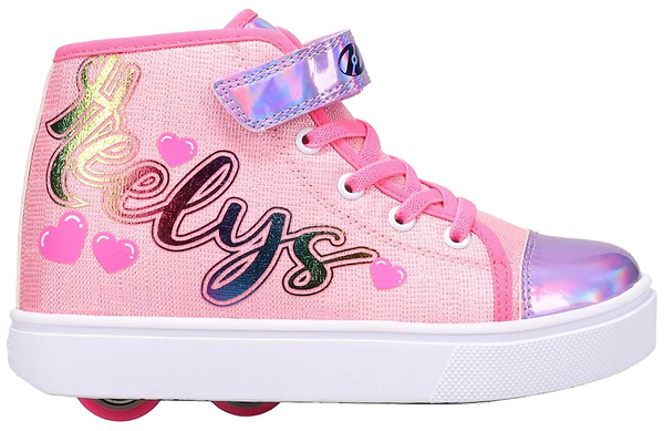 The Heelys Veloz X2 Prints Girls Shoes in Prism Pink/Neon Pink/Multi feature shiny accents, white laces, two low-profile wheels, and “Heelys” in colorful script on the side with playful pink heart details.