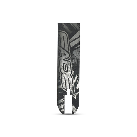 The Legacy Fade Complete Stunt Scooter in black and grey features a bold, distressed "EASE" graphic with angular designs—ideal for skatepark sessions. Displayed vertically on a white background. Brand: Legacy.