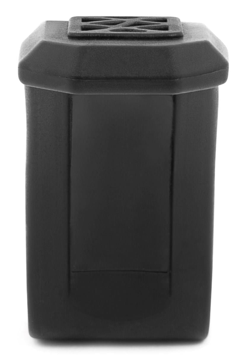 A black rectangular trash can, made of plastic with a closed lid and textured surface, stands against a plain white backdrop. Its design echoes the durability of the Slamm Nylon Stunt Scooter Flex Fender by Slamm, featuring a small rectangular vent on top for extra functionality.