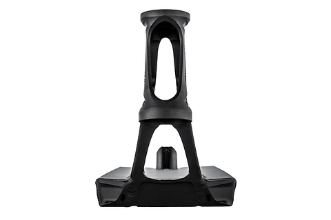 When viewed from the front, the ultra-lightweight design of this stand exhibits a black, intricately crafted plastic structure featuring geometric cutouts. Similar to the Ethic DTC Pandemonium V2 Boxed Black Stunt Scooter Deck measuring 5.5" x 22.8", it boasts a rectangular base and a tall, hollow vertical section with an arch-like shape in the middle.
