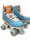 The Supreme Malibu Quad Roller Skates – Light Blue by Supreme feature retro-style light blue and tan boots, white laces, and light blue wheels—ideal beginner skates for recreational use, shown on a plain white background.