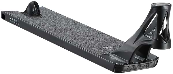 The Blunt Envy AOS V6 Squad Black Stunt Scooter Deck (5.5" x 22") features textured grip tape, an angled rear brake, and an open-frame headtube for easy handlebar attachment.