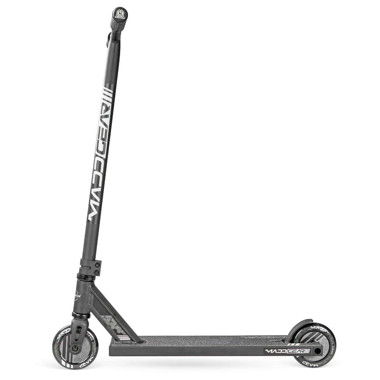 The Madd Gear (MGP) MG 3 Zen Complete Stunt Scooter in black features a strong one-piece steel T-bar, reinforced sturdy frame, lightweight handling, and two small wheels with white rims.