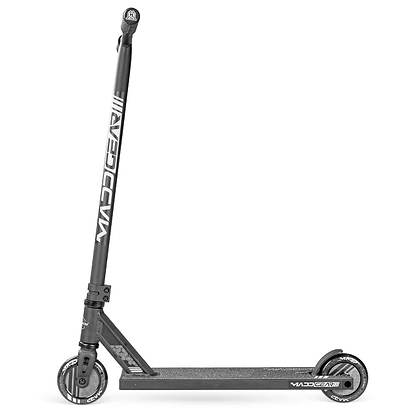 The Madd Gear (MGP) MG 3 Zen Complete Stunt Scooter in black features a strong one-piece steel T-bar, reinforced sturdy frame, lightweight handling, and two small wheels with white rims.