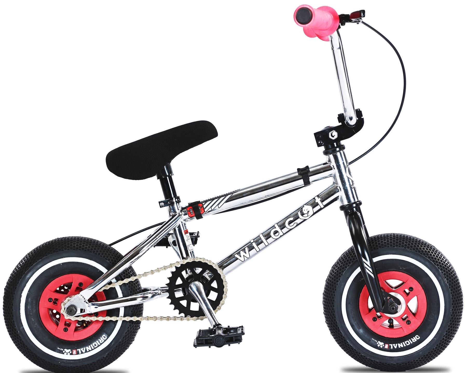 The Wildcat OG 3A Mini BMX Bike - Galaxy Red features a chrome frame, black seat, and handlebars with one pink grip. It comes with PRO Street 65PSI tyres, CNC aluminium rims, and bold "WILD GO" lettering on the frame.