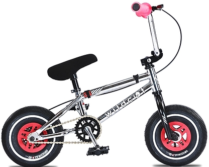 The Wildcat OG 3A Mini BMX Bike - Galaxy Red features a chrome frame, black seat, and handlebars with one pink grip. It comes with PRO Street 65PSI tyres, CNC aluminium rims, and bold "WILD GO" lettering on the frame.