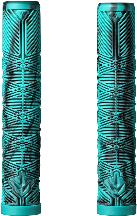 Two Blunt Envy V3 Black / Teal Stunt Scooter Grips (160mm) stand upright side by side on a white background—stylish accessories from Blunt Envy with unique patterns and black accents.