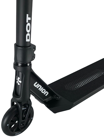 Close-up of the Union Dot Complete Stunt Scooter - Black by Union, highlighting the front wheel, fork, and textured deck with visible "DOT" branding, showcasing its lightweight build and sleek design.