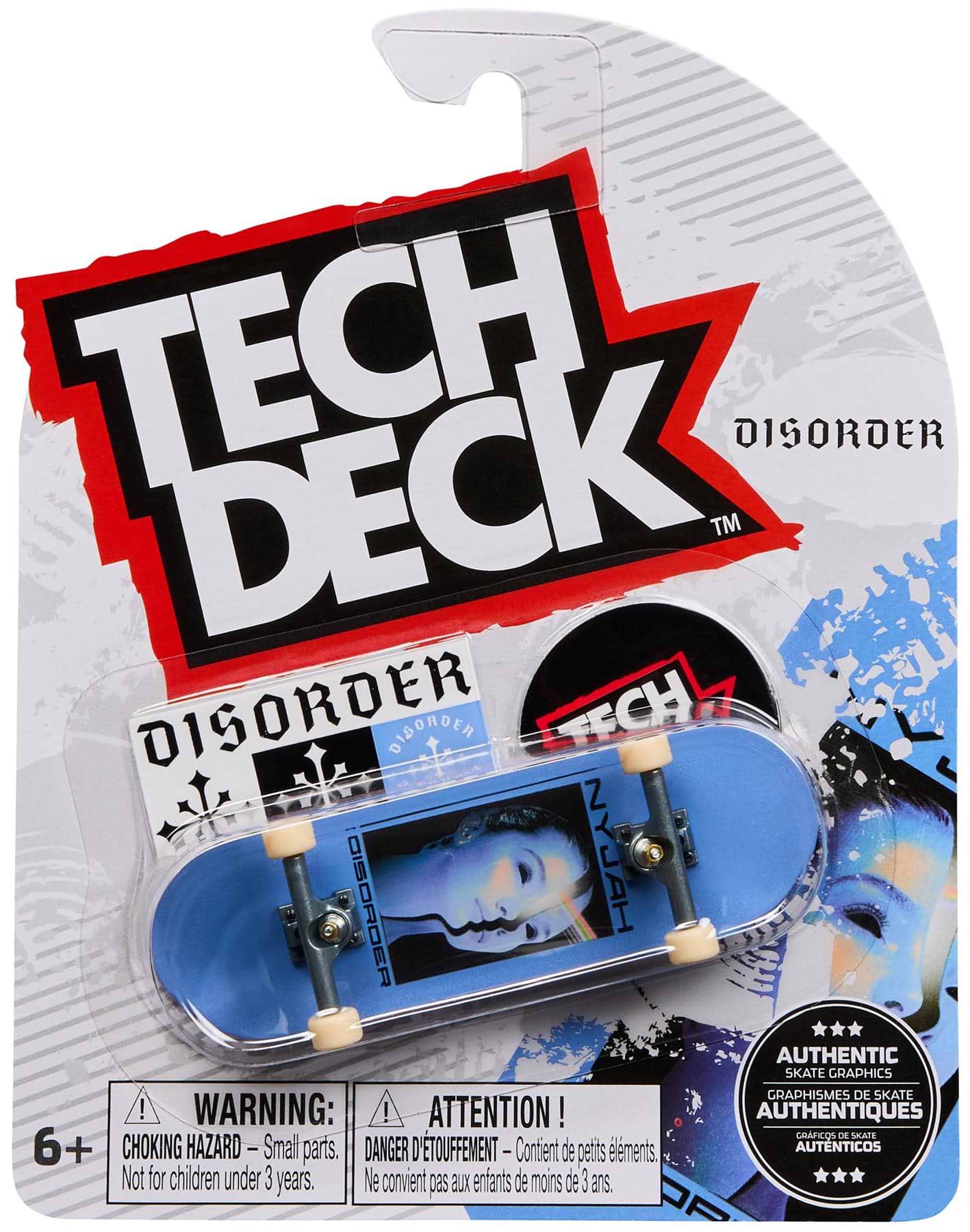 The Tech Deck 96mm M54 Fingerboard - Disorder is a collectible toy featuring a blue board with a face graphic, packaged with "TECH DECK" and "DISORDER" logos, perfect for fans of Tech Deck fingerboards.