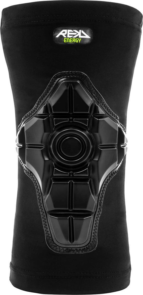 The REKD Energy Knee Skate Protection Gaskets - Black feature a hard, geometric Energy Foam pad on the front and a small "REKD Energy" logo at the top, offering advanced knee protection for skaters.
