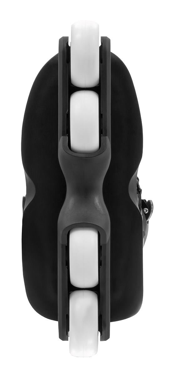 Top view of Anarchy Unity Adjustable Aggressive Inline Skates in black by Anarchy, showing four high rebound PU wheels in a single row; boot and frame visible against a white background.