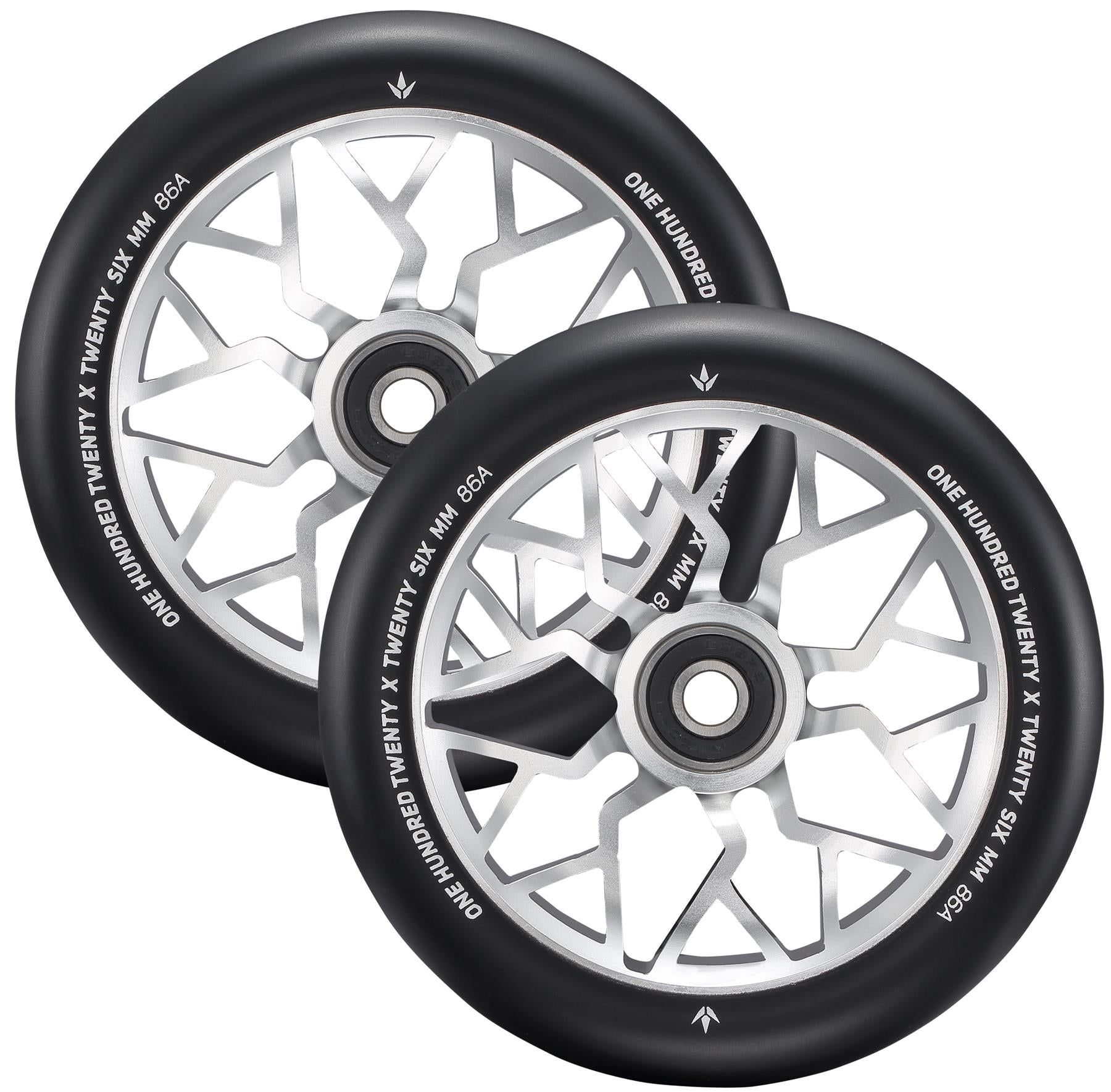 A pair of Blunt Envy Sector 120mm black and silver stunt scooter wheels with geometric spokes and white rim text "ONE HUNDRED TWENTY X TWENTY 5X MM 85A." Ideal for Prodigy X ONE or Blunt Envy Sector scooters.