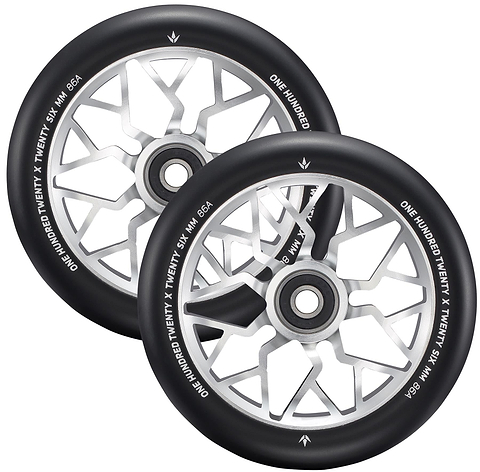 A pair of Blunt Envy Sector 120mm black and silver stunt scooter wheels with geometric spokes and white rim text "ONE HUNDRED TWENTY X TWENTY 5X MM 85A." Ideal for Prodigy X ONE or Blunt Envy Sector scooters.
