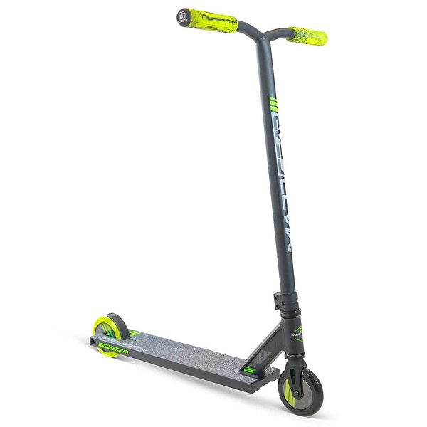 The Madd Gear (MGP) MG 3 Zen Complete Stunt Scooter in Black/Lime features a wide handlebar, neon lime grips and wheels, and bold brand logos on the deck and stem—ready for your next stunt, displayed on a white background.