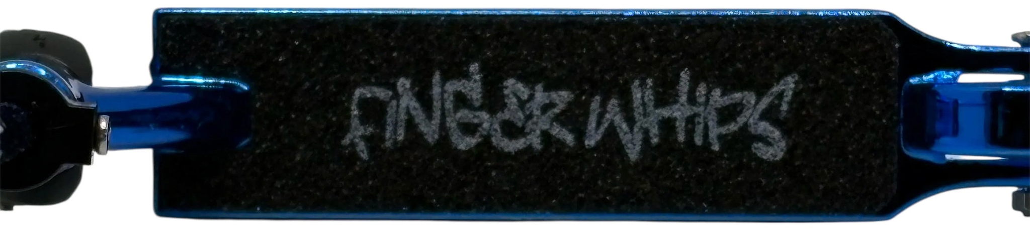 Close-up of the Finger Whips Finger Toy Scooter - Blue Chrome deck, featuring black grip tape with "FINGER WHIPS" in white graffiti-style font and metallic blue chrome sides.