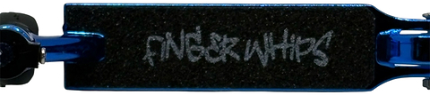 Close-up of the Finger Whips Finger Toy Scooter - Blue Chrome deck, featuring black grip tape with "FINGER WHIPS" in white graffiti-style font and metallic blue chrome sides.