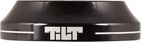 The Tilt Tall Stack Integrated Stunt Scooter Headset in black is a cylindrical metal part with white horizontal lines and "TILT" in bold white letters, compatible with campy spec bearings.