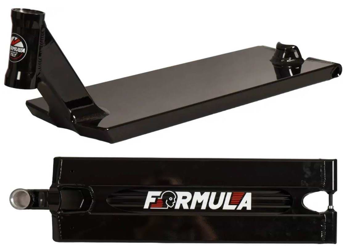 Two views of the Tilt Formula Pro Black Stunt Scooter Deck (6.5" x 22.8") are shown, featuring "FORMULA" in bold white letters with red and yellow accents on its glossy, metallic bottom—ideal for street riding.