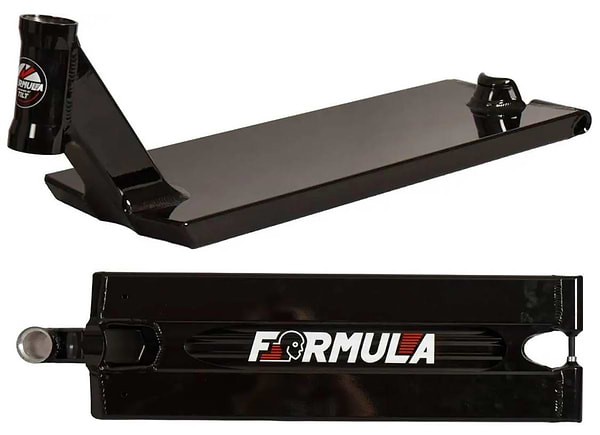 Two views of the Tilt Formula Pro Black Stunt Scooter Deck (6.5" x 22.8") are shown, featuring "FORMULA" in bold white letters with red and yellow accents on its glossy, metallic bottom—ideal for street riding.