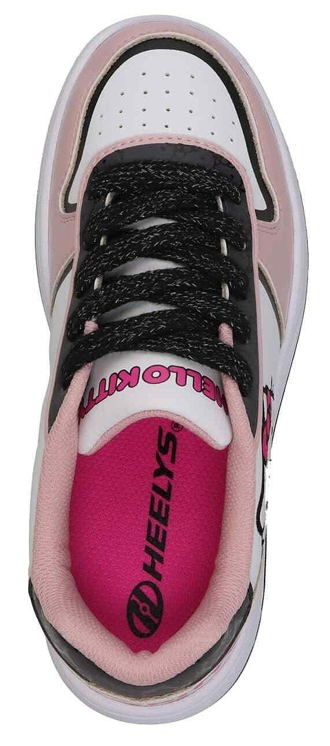 Top view of Heelys x Hello Kitty Kama HKC Girls Shoes in light pink, black, and white, featuring Hello Kitty branding on the tongue, a Heelys logo on the pink insole, and black laces with white speckles. Brand: Heelys.