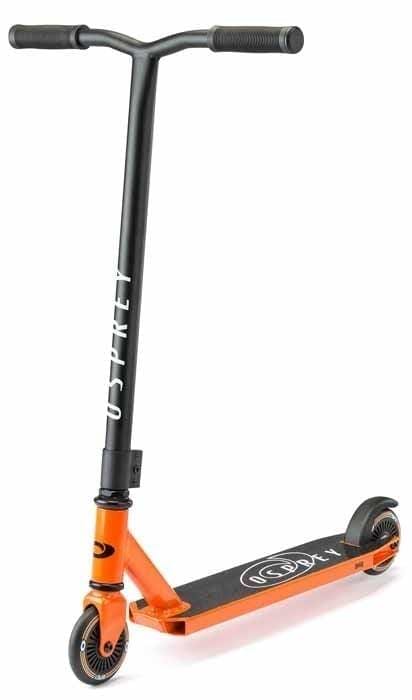 The Osprey Bomb Complete Stunt Scooter - Orange features a flat deck, black handlebars, and "OSPREY" branding on the handlebar and deck—an entry-level scooter ideal for beginner riders.