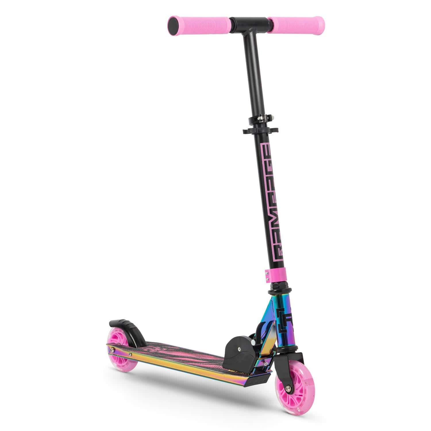 Rampage Light Up Foldable Kick Scooter in neochrome and pink.