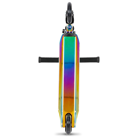 The Rampage Light Up Foldable Kick Scooter - Neochrome / Black features black handlebars, vibrant LED wheels, and a striking metallic rainbow neochrome finish, combining style with functionality for an eye-catching ride.