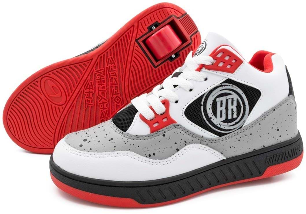 A pair of Breezy Rollers Jumper Shoes in white, grey, and red with patented heel wheels for skating. Features a circular "BK" logo on the side and shows both the side and sole. Brand: Breezy Rollers.