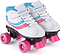 Osprey Disco Quad Roller Skates - White by Osprey feature white uppers, pink wheels, pink/blue stripes, blue accents, white laces, Velcro straps, black soles, and toe stops—great for indoor or outdoor skating.