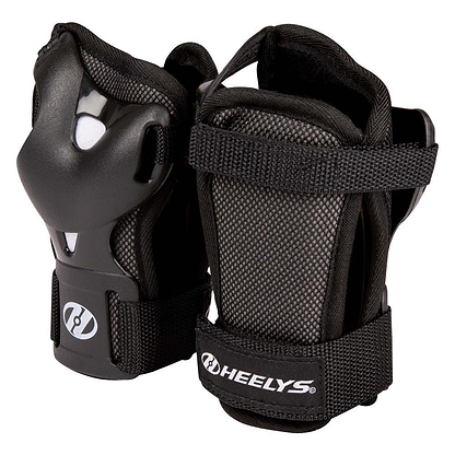 The Heelys F2 Junior Triple Skate Protection Pad Set in black/white, featuring adjustable straps, shock-absorbing EPE foam, and hard protective shells from Heelys, is shown standing upright against a white background.