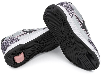 Breezy Rollers Star Shoes - Silver/Grey by Breezy Rollers feature black soles, glittery purple accents, a star design on the side, and a patented pink wheel in one heel for rolling fun.