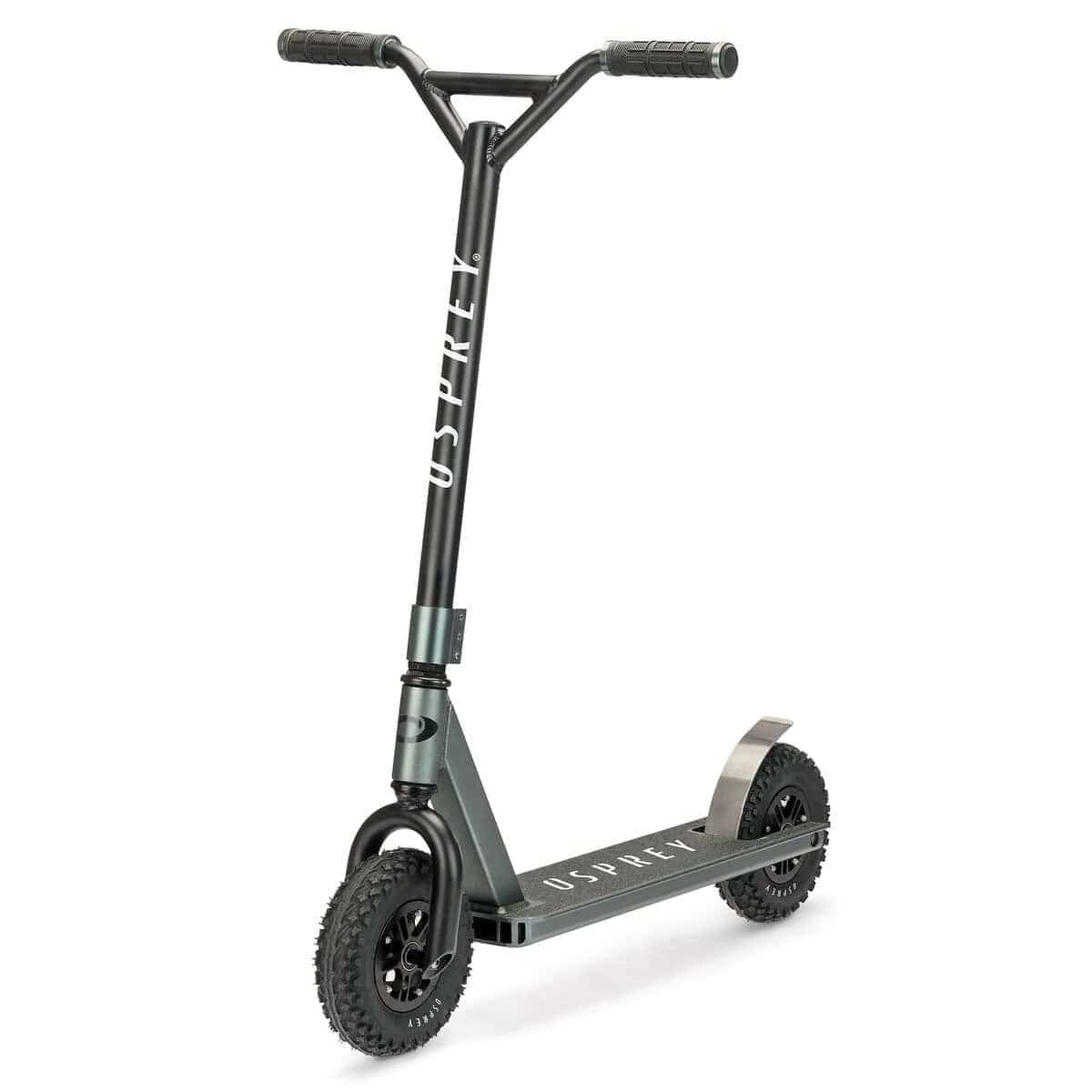 An Osprey Complete Dirt Scooter in Gun Metal Grey, featuring large rugged pneumatic wheels, a wide deck, T-shaped handlebars, and a rear metal foot brake, photographed on a white background.