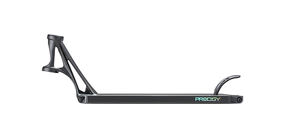 The Blunt Envy Prodigy XS Black Stunt Scooter Deck, measuring 5" x 18.5", features a polished finish with an integrated neck and fork mount. This design highlights "PRODIGY" in iridescent letters on the side, and the rear includes a cutout equipped with a wheel guard, enhancing its sleek appearance.