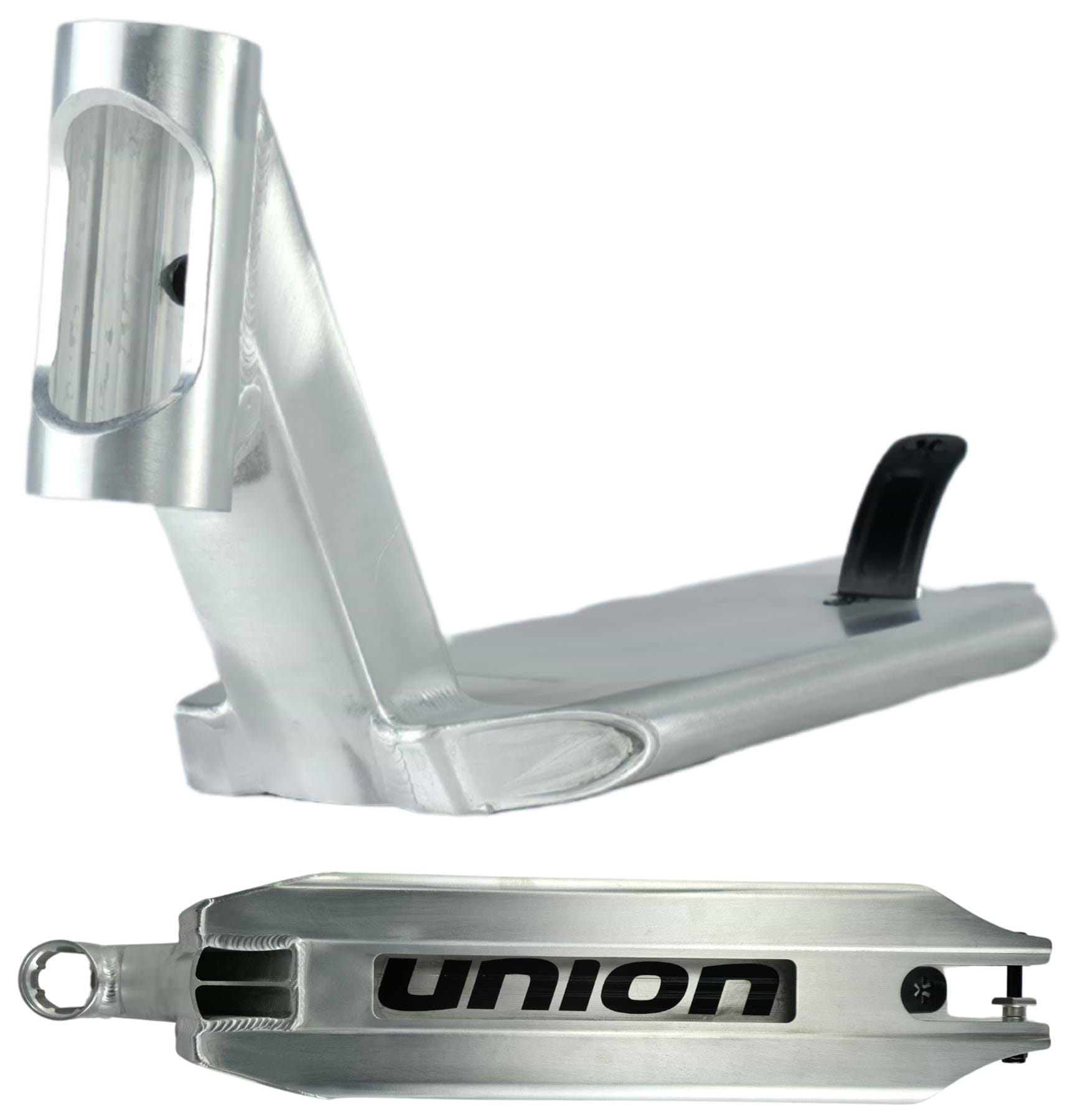 The Union Classic Pro Silver Stunt Scooter Deck - 4.75" features a black brake, bold black “UNION” branding on the underside, a cutout head tube, and a sleek angular design.