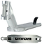 The Union Classic Pro Silver Stunt Scooter Deck - 4.75" features a black brake, bold black “UNION” branding on the underside, a cutout head tube, and a sleek angular design.