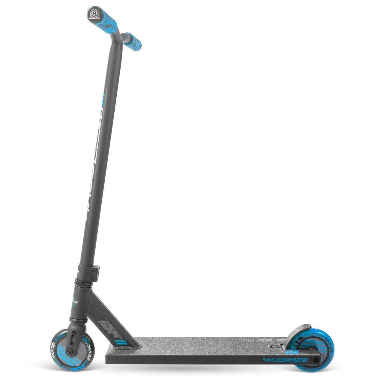 The Madd Gear (MGP) MG 3 Zen Complete Stunt Scooter in black/blue features a textured grip deck, two blue wheels, and a durable one-piece steel T-bar, shown against a white background.