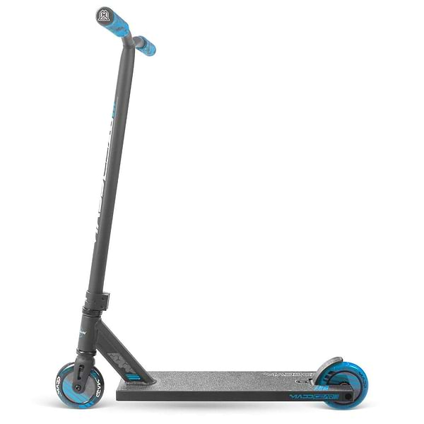 The Madd Gear (MGP) MG 3 Zen Complete Stunt Scooter in black/blue features a textured grip deck, two blue wheels, and a durable one-piece steel T-bar, shown against a white background.