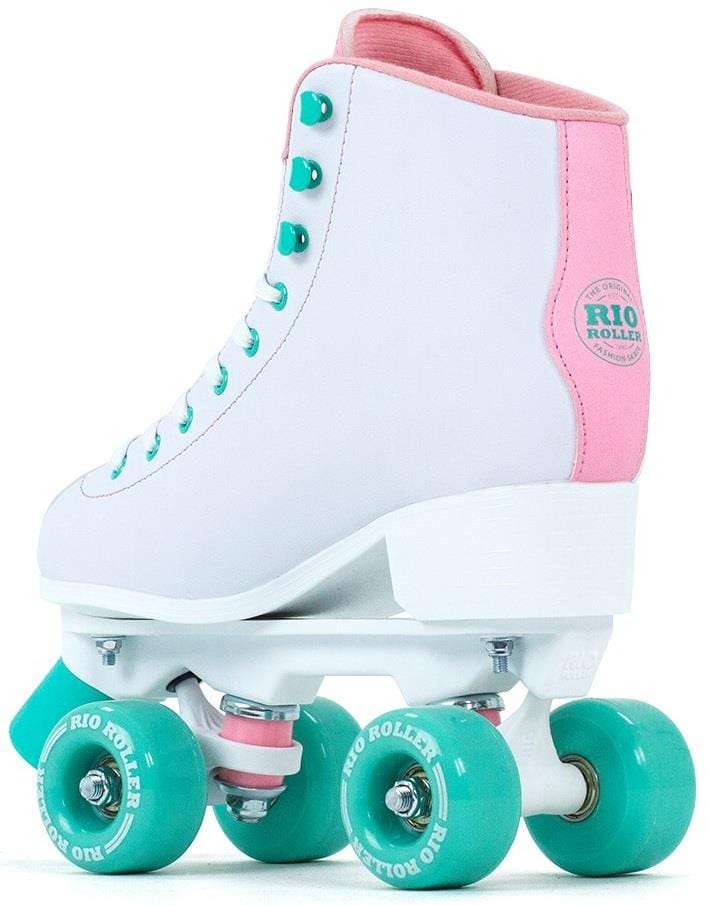 The Rio Roller Artist Quad Roller Skates - Flora feature a white boot with pink accents, teal laces and wheels, and a pink heel for flair. A stylish choice for artistic skaters, they are completed with the Rio Roller logo on the side.