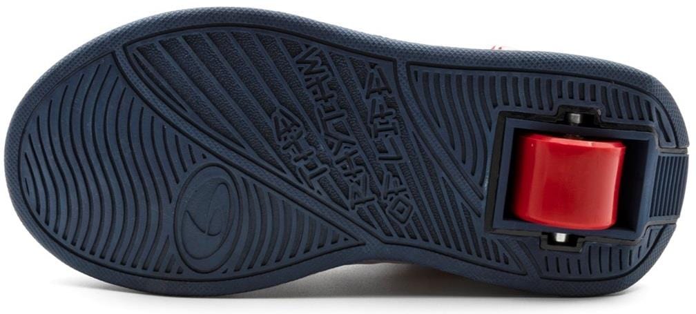 The image displays the bottom of Breezy Rollers Light Beam Shoes - Red / Blue by Breezy Rollers, featuring a red retractable heel wheel and textured patterns on the blue sole for traction, similar to Heelys.