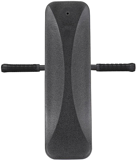 A black ab roller with a rectangular padded center and two ribbed handles extending horizontally on each side, featuring a sleek design similar to the custom Blunt Envy TS Pro 6 Indoor Trampoline Stunt Scooter in Red Camo, isolated on a white background.