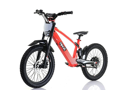 The Revvi 20" Kids Electric Balance Bike - Red, designed for off-road adventures, features thick air-filled tires, a branded sturdy frame, front suspension fork, and reliable disc brakes. Its robust design in red and black is highlighted against a white background.